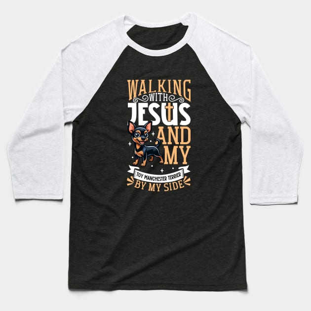 Jesus and dog - Toy Manchester Terrier Baseball T-Shirt by Modern Medieval Design